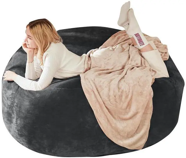 Main image of 4FT Giant Bean Bag Chair, Memory Foam Lounge Chair for Adult and Teen, Comfy Floor Lazy Sofa with Removable Flannel Cover, Round BeanBag for Living Room, Bedroom, College Dorm, Dark Grey