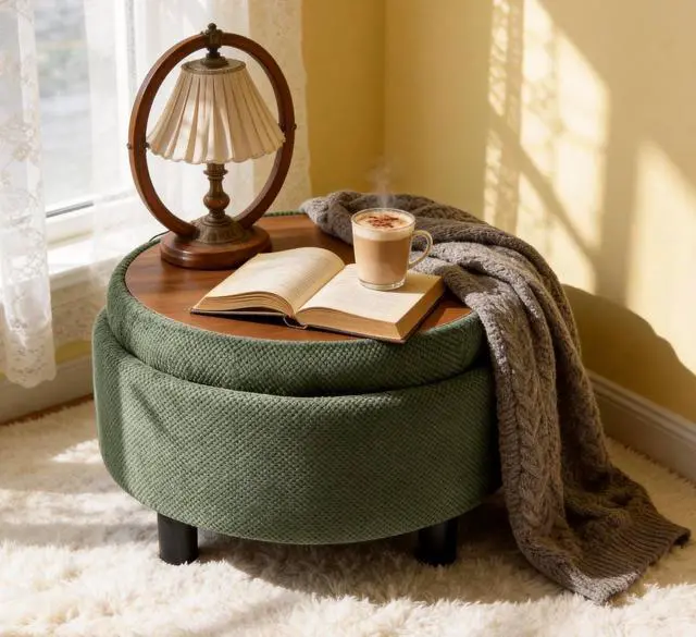 Alt view image 3 of 7 - 25" Round Ottoman Coffee Table with Removable Lid, Storage Ottoman Bench with Double Side Top, Small Space Side Table, Button Tufted Upholstered Footstool for Living Room, Bedroom, Office, Dark Green