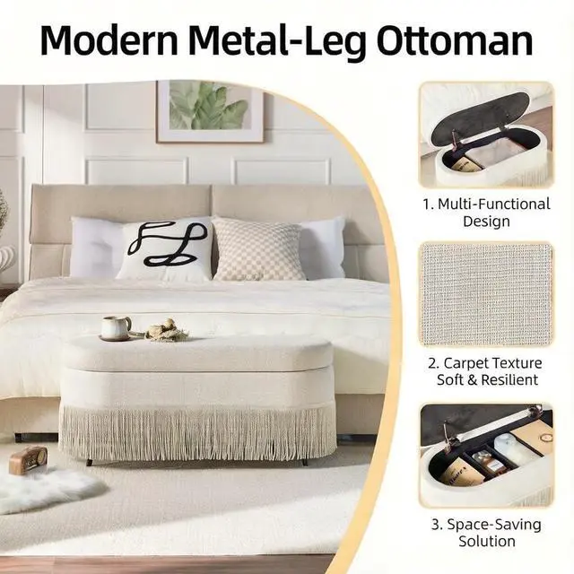 Alt view image 2 of 7 - 39" Storage Bench with Fringe Trim & Lift-Top Lid, Upholstered Ottoman with Hidden Storage, Oval End of Bed Bench with Metal Frame, Functional Footrest for Entryway, Living Room or Bedroom, Grey