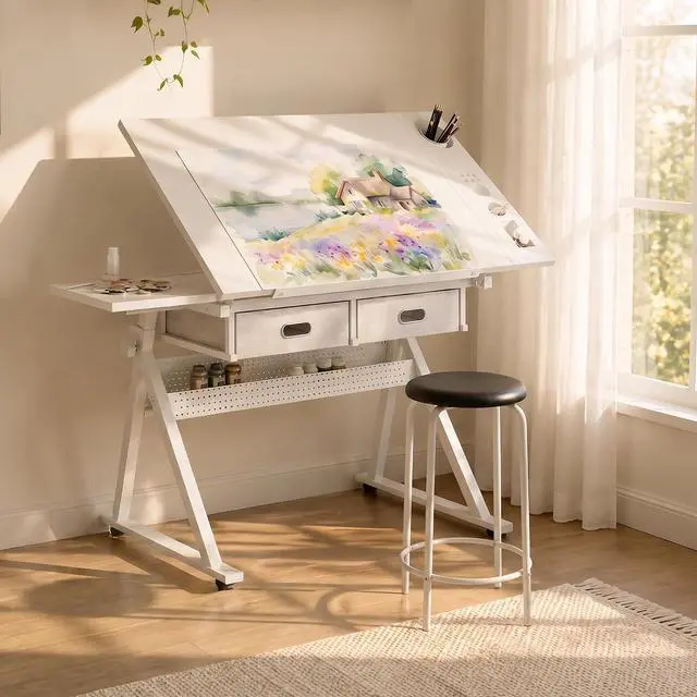Main image of Height Adjustable Drafting Table with Stool, Drawing Art Desk with 2 Drawers, Artist Table with 75° Tilted Tabletop, Sketching Painting Artwork Station for Home Office School Reading, Crafting, White