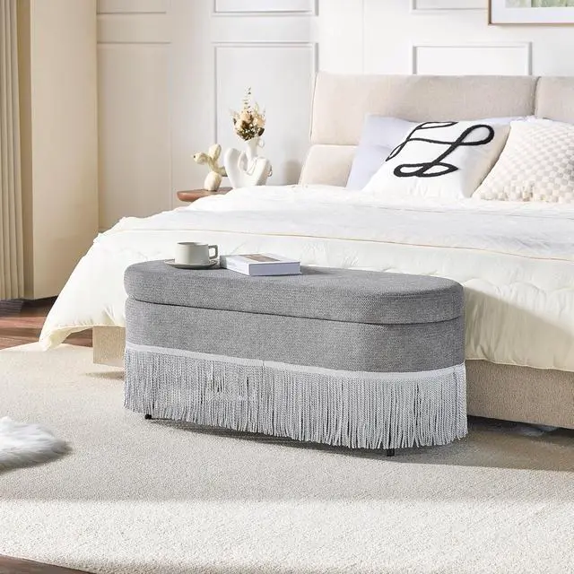 Alt view image 3 of 7 - 39" Storage Bench with Fringe Trim & Lift-Top Lid, Upholstered Ottoman with Hidden Storage, Oval End of Bed Bench with Metal Frame, Functional Footrest for Entryway, Living Room or Bedroom, Grey