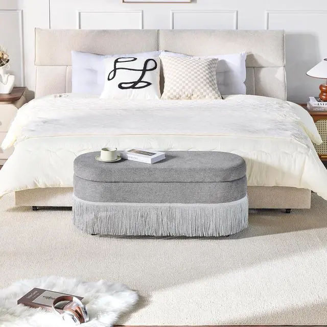 Alt view image 4 of 7 - 39" Storage Bench with Fringe Trim & Lift-Top Lid, Upholstered Ottoman with Hidden Storage, Oval End of Bed Bench with Metal Frame, Functional Footrest for Entryway, Living Room or Bedroom, Grey