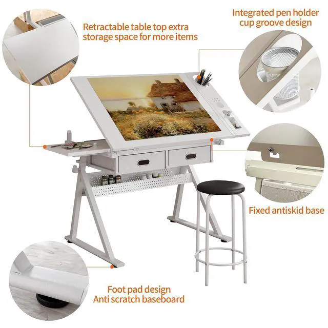 Alt view image 3 of 7 - Height Adjustable Drafting Table with Stool, Drawing Art Desk with 2 Drawers, Artist Table with 75° Tilted Tabletop, Sketching Painting Artwork Station for Home Office School Reading, Crafting, White