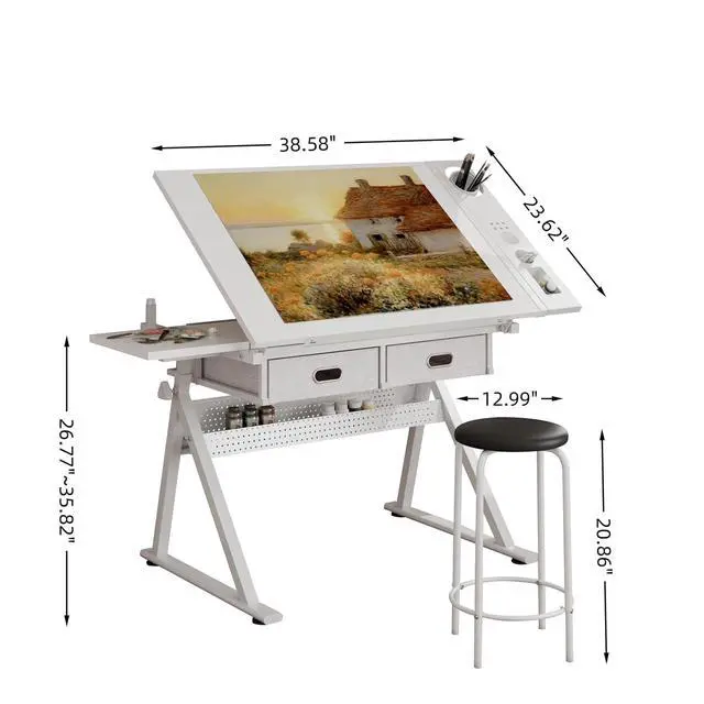 Alt view image 2 of 7 - Height Adjustable Drafting Table with Stool, Drawing Art Desk with 2 Drawers, Artist Table with 75° Tilted Tabletop, Sketching Painting Artwork Station for Home Office School Reading, Crafting, White