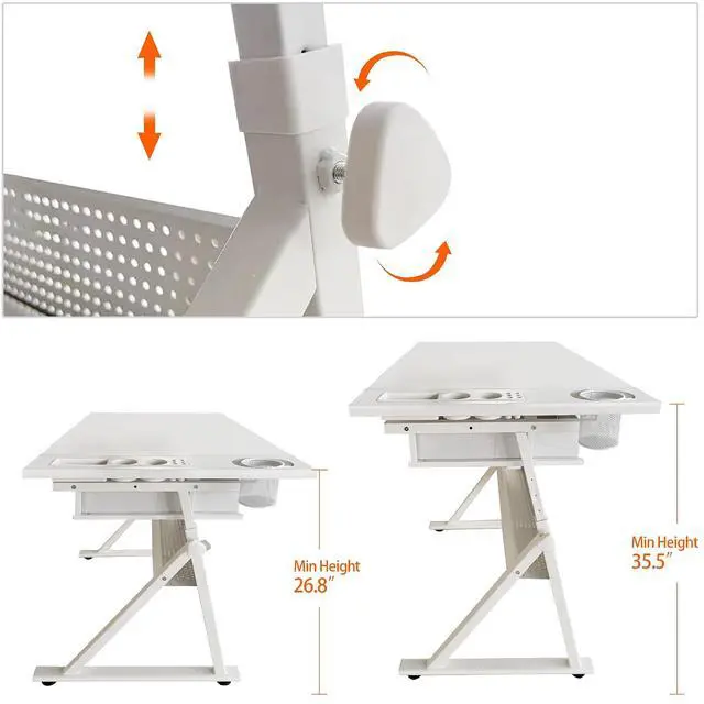 Alt view image 4 of 7 - Height Adjustable Drafting Table with Stool, Drawing Art Desk with 2 Drawers, Artist Table with 75° Tilted Tabletop, Sketching Painting Artwork Station for Home Office School Reading, Crafting, White