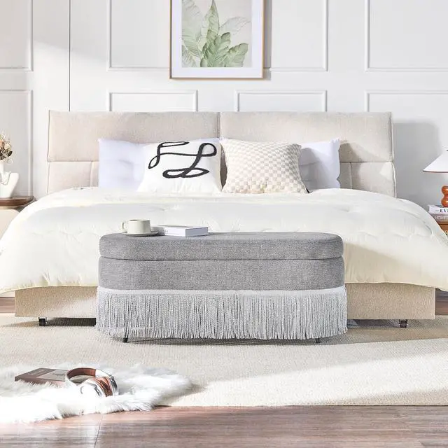 Alt view image 6 of 7 - 39" Storage Bench with Fringe Trim & Lift-Top Lid, Upholstered Ottoman with Hidden Storage, Oval End of Bed Bench with Metal Frame, Functional Footrest for Entryway, Living Room or Bedroom, Grey
