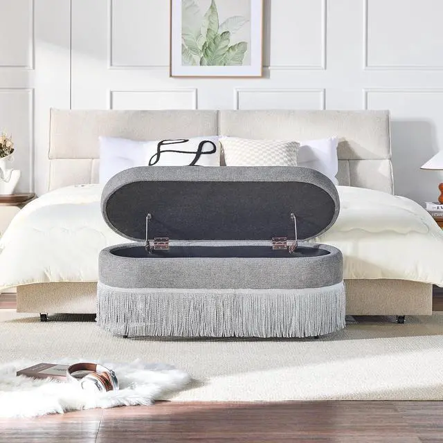 Alt view image 5 of 7 - 39" Storage Bench with Fringe Trim & Lift-Top Lid, Upholstered Ottoman with Hidden Storage, Oval End of Bed Bench with Metal Frame, Functional Footrest for Entryway, Living Room or Bedroom, Grey