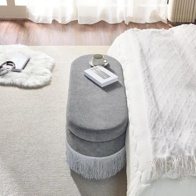 Alt view image 7 of 7 - 39" Storage Bench with Fringe Trim & Lift-Top Lid, Upholstered Ottoman with Hidden Storage, Oval End of Bed Bench with Metal Frame, Functional Footrest for Entryway, Living Room or Bedroom, Grey