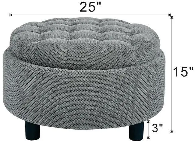 Alt view image 2 of 7 - 25" Round Ottoman Coffee Table with Removable Lid, Storage Ottoman Bench with Double Side Top, Small Space Side Table, Button Tufted Upholstered Footstool for Living Room, Bedroom, Office, Light Gray