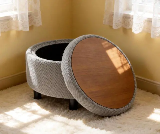 Alt view image 4 of 7 - 25" Round Ottoman Coffee Table with Removable Lid, Storage Ottoman Bench with Double Side Top, Small Space Side Table, Button Tufted Upholstered Footstool for Living Room, Bedroom, Office, Light Gray