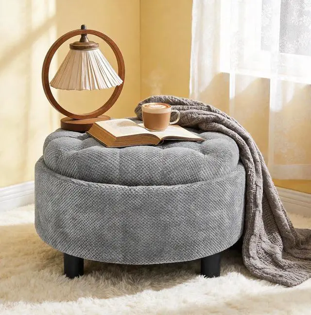 Main image of 25" Round Ottoman Coffee Table with Removable Lid, Storage Ottoman Bench with Double Side Top, Small Space Side Table, Button Tufted Upholstered Footstool for Living Room, Bedroom, Office, Light Gray