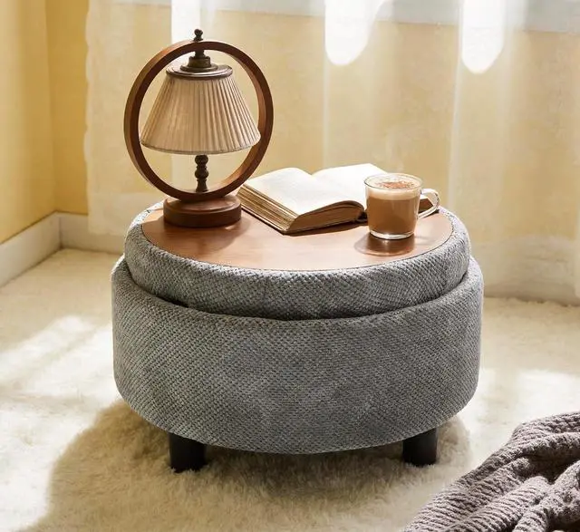 Alt view image 3 of 7 - 25" Round Ottoman Coffee Table with Removable Lid, Storage Ottoman Bench with Double Side Top, Small Space Side Table, Button Tufted Upholstered Footstool for Living Room, Bedroom, Office, Light Gray