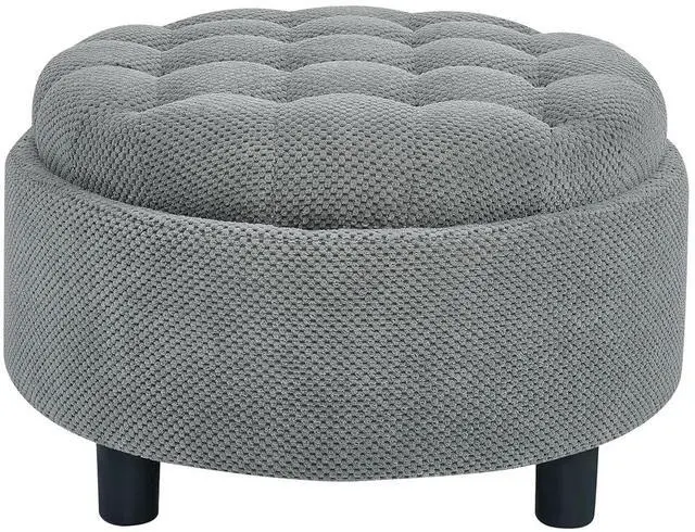 Alt view image 5 of 7 - 25" Round Ottoman Coffee Table with Removable Lid, Storage Ottoman Bench with Double Side Top, Small Space Side Table, Button Tufted Upholstered Footstool for Living Room, Bedroom, Office, Light Gray