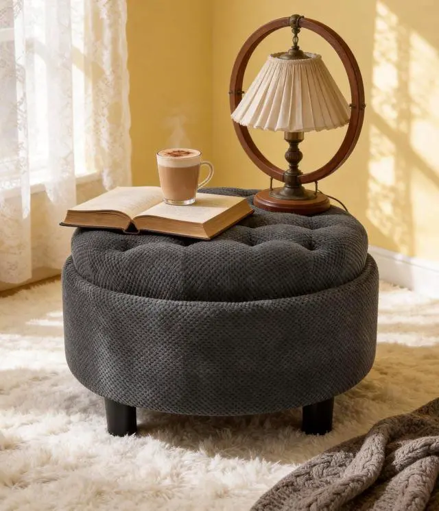 Main image of 25" Round Ottoman Coffee Table with Removable Lid, Storage Ottoman Bench with Double Side Top, Small Space Side Table, Button Tufted Upholstered Footstool for Living Room, Bedroom, Office, Dark Gray