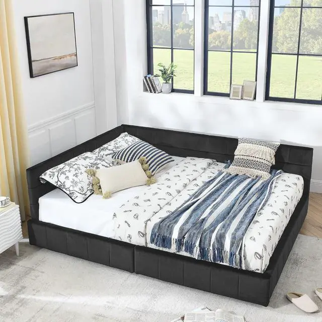 Alt view image 3 of 7 - Velvet Queen Size Daybed with Storage Drawers, Tufted Day Bed Frame, L-Shape Queen Daybed with Comfortable Backrest and Armrests, Upholstered Corner Sofa Bed for Bedroom, Living Room, Black