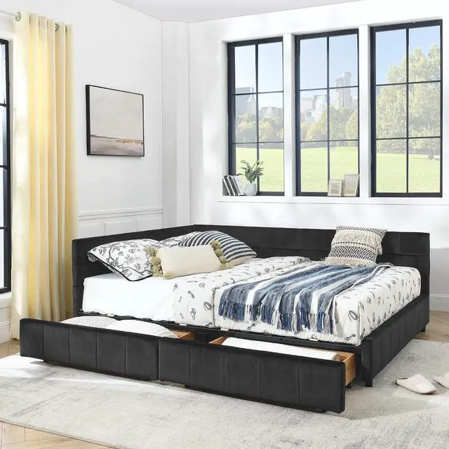 Alt view image 5 of 7 - Velvet Queen Size Daybed with Storage Drawers, Tufted Day Bed Frame, L-Shape Queen Daybed with Comfortable Backrest and Armrests, Upholstered Corner Sofa Bed for Bedroom, Living Room, Black