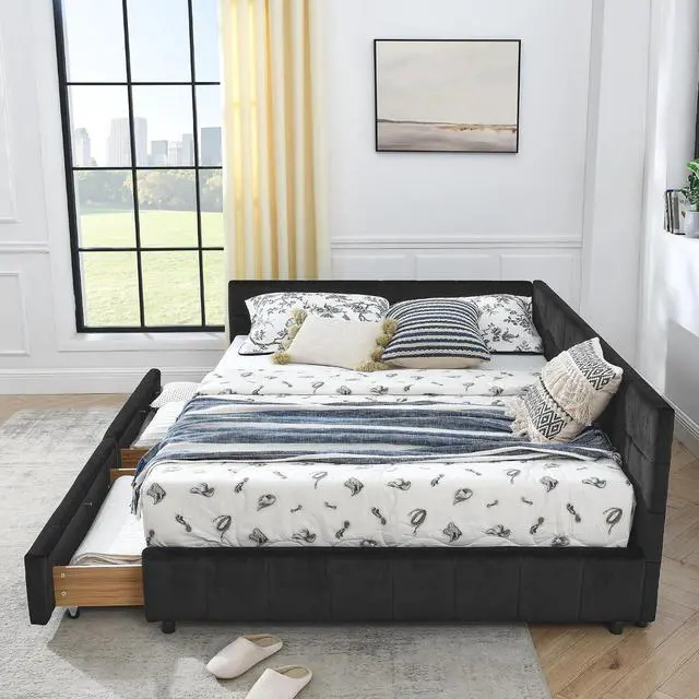 Alt view image 6 of 7 - Velvet Queen Size Daybed with Storage Drawers, Tufted Day Bed Frame, L-Shape Queen Daybed with Comfortable Backrest and Armrests, Upholstered Corner Sofa Bed for Bedroom, Living Room, Black