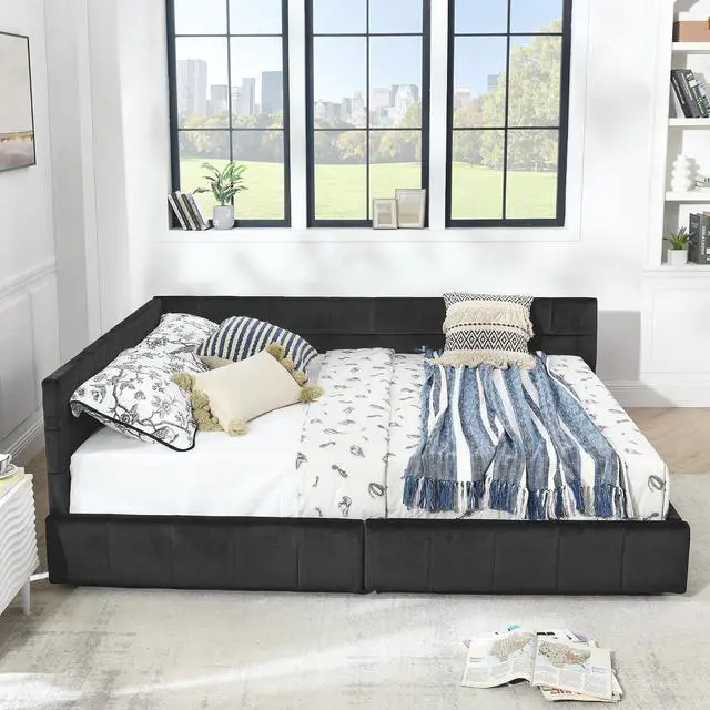 Alt view image 7 of 7 - Velvet Queen Size Daybed with Storage Drawers, Tufted Day Bed Frame, L-Shape Queen Daybed with Comfortable Backrest and Armrests, Upholstered Corner Sofa Bed for Bedroom, Living Room, Black