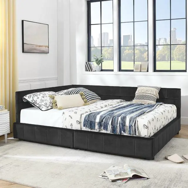 Alt view image 4 of 7 - Velvet Queen Size Daybed with Storage Drawers, Tufted Day Bed Frame, L-Shape Queen Daybed with Comfortable Backrest and Armrests, Upholstered Corner Sofa Bed for Bedroom, Living Room, Black