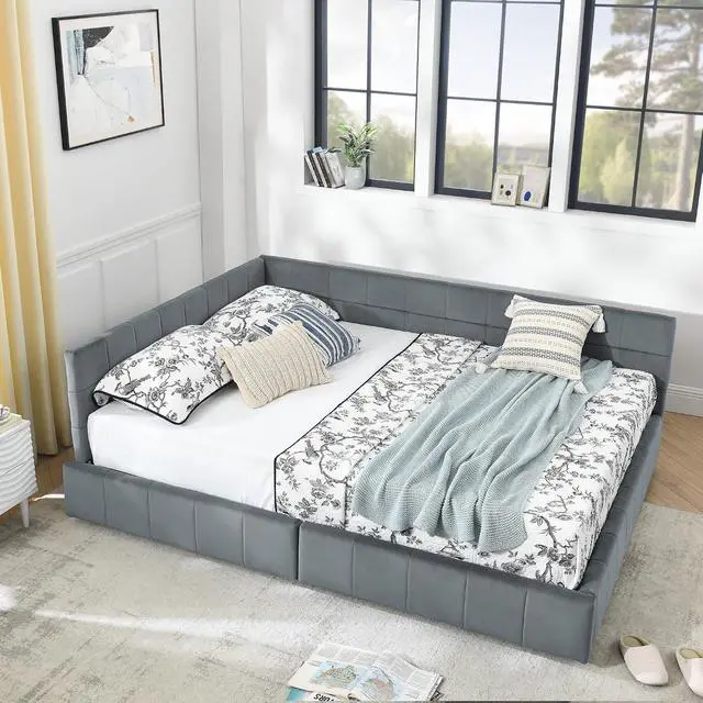 Alt view image 3 of 7 - Velvet Queen Size Daybed with Storage Drawers, Tufted Day Bed Frame, L-Shape Queen Daybed with Comfortable Backrest and Armrests, Upholstered Corner Sofa Bed for Bedroom, Living Room, Grey