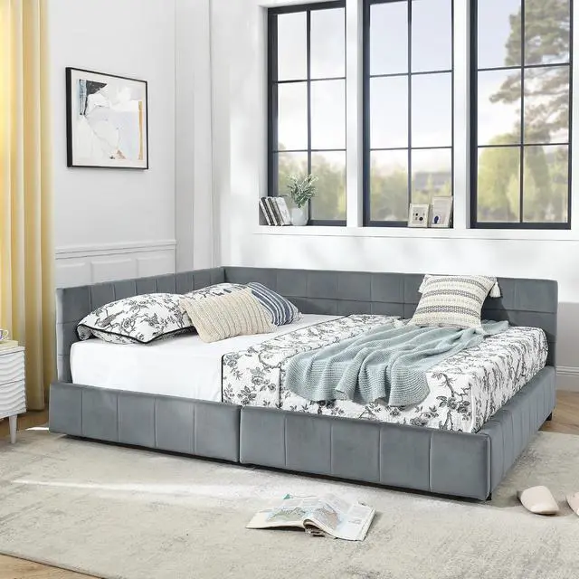 Alt view image 4 of 7 - Velvet Queen Size Daybed with Storage Drawers, Tufted Day Bed Frame, L-Shape Queen Daybed with Comfortable Backrest and Armrests, Upholstered Corner Sofa Bed for Bedroom, Living Room, Grey