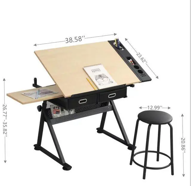 Alt view image 2 of 7 - Height Adjustable Drafting Table with Stool, Drawing Art Desk with 2 Drawers, Artist Table with 75° Tilted Tabletop, Sketching Painting Artwork Station for Home Office School Reading, Crafting, Maple
