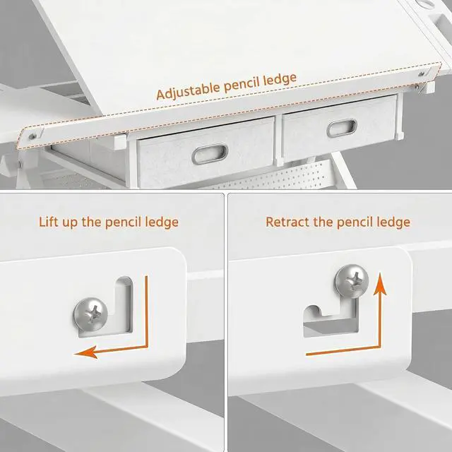Alt view image 6 of 7 - Height Adjustable Drafting Table with Stool, Drawing Art Desk with 2 Drawers, Artist Table with 75° Tilted Tabletop, Sketching Painting Artwork Station for Home Office School Reading, Crafting, White