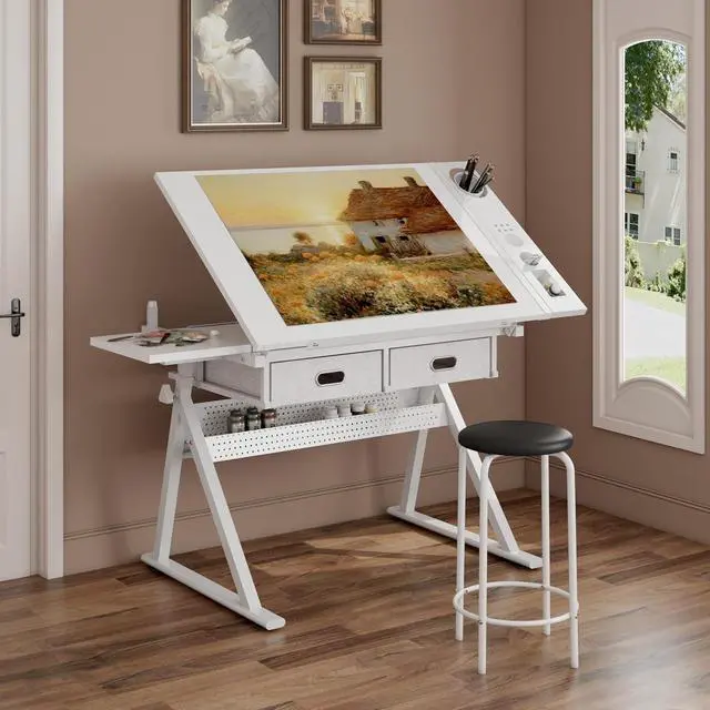 Alt view image 7 of 7 - Height Adjustable Drafting Table with Stool, Drawing Art Desk with 2 Drawers, Artist Table with 75° Tilted Tabletop, Sketching Painting Artwork Station for Home Office School Reading, Crafting, White