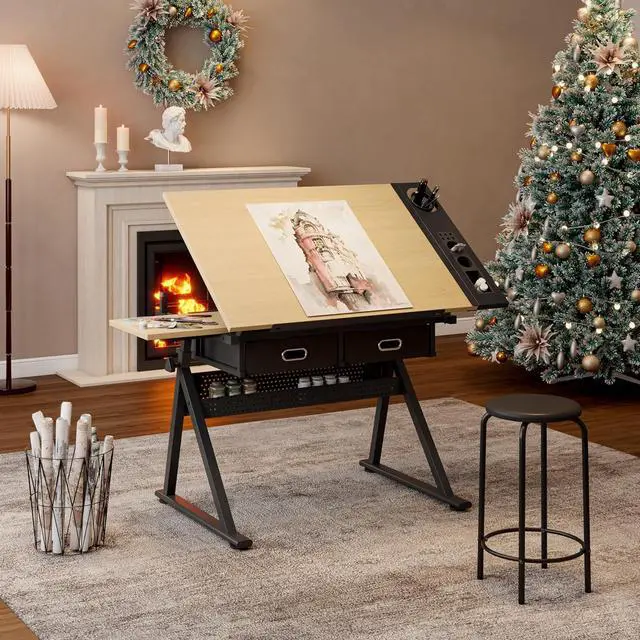 Main image of Height Adjustable Drafting Table with Stool, Drawing Art Desk with 2 Drawers, Artist Table with 75° Tilted Tabletop, Sketching Painting Artwork Station for Home Office School Reading, Crafting, Maple
