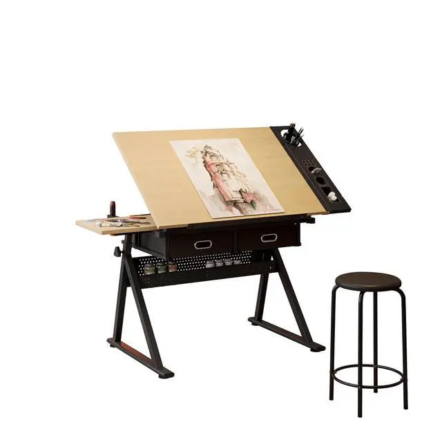 Alt view image 6 of 7 - Height Adjustable Drafting Table with Stool, Drawing Art Desk with 2 Drawers, Artist Table with 75° Tilted Tabletop, Sketching Painting Artwork Station for Home Office School Reading, Crafting, Maple