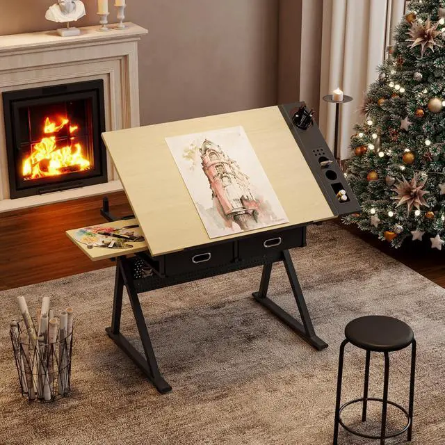 Alt view image 5 of 7 - Height Adjustable Drafting Table with Stool, Drawing Art Desk with 2 Drawers, Artist Table with 75° Tilted Tabletop, Sketching Painting Artwork Station for Home Office School Reading, Crafting, Maple