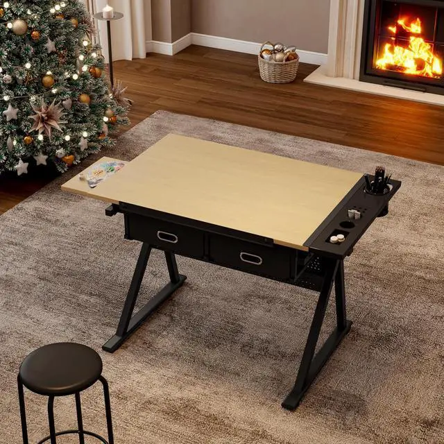 Alt view image 4 of 7 - Height Adjustable Drafting Table with Stool, Drawing Art Desk with 2 Drawers, Artist Table with 75° Tilted Tabletop, Sketching Painting Artwork Station for Home Office School Reading, Crafting, Maple