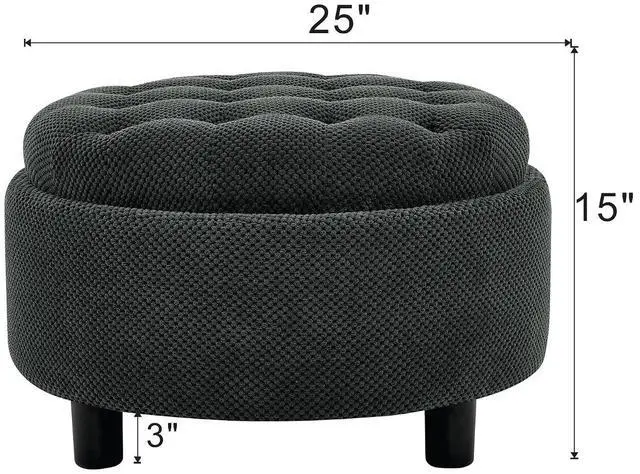 Alt view image 2 of 7 - 25" Round Ottoman Coffee Table with Removable Lid, Storage Ottoman Bench with Double Side Top, Small Space Side Table, Button Tufted Upholstered Footstool for Living Room, Bedroom, Office, Dark Gray
