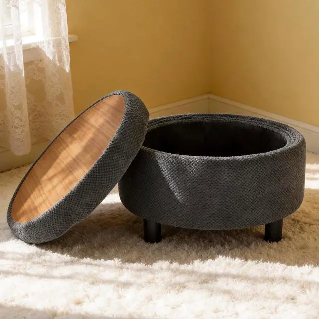 Alt view image 4 of 7 - 25" Round Ottoman Coffee Table with Removable Lid, Storage Ottoman Bench with Double Side Top, Small Space Side Table, Button Tufted Upholstered Footstool for Living Room, Bedroom, Office, Dark Gray