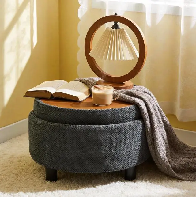 Alt view image 3 of 7 - 25" Round Ottoman Coffee Table with Removable Lid, Storage Ottoman Bench with Double Side Top, Small Space Side Table, Button Tufted Upholstered Footstool for Living Room, Bedroom, Office, Dark Gray