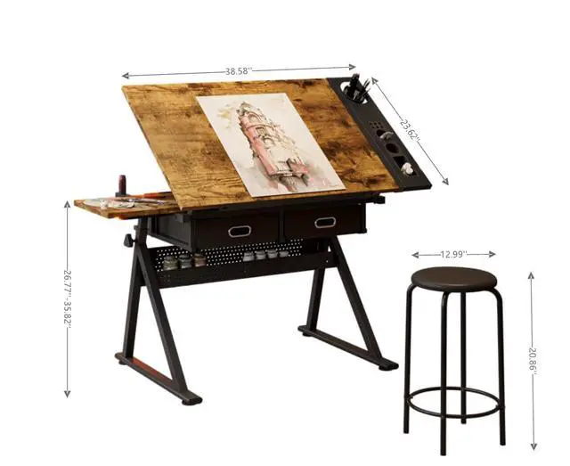 Alt view image 2 of 7 - Drafting Table with Storage, Adjustable Drawing Table with 2 Drawers and Stool,Art Desk for Adults,Metal Frame Workstation for Home Office and School, Wood
