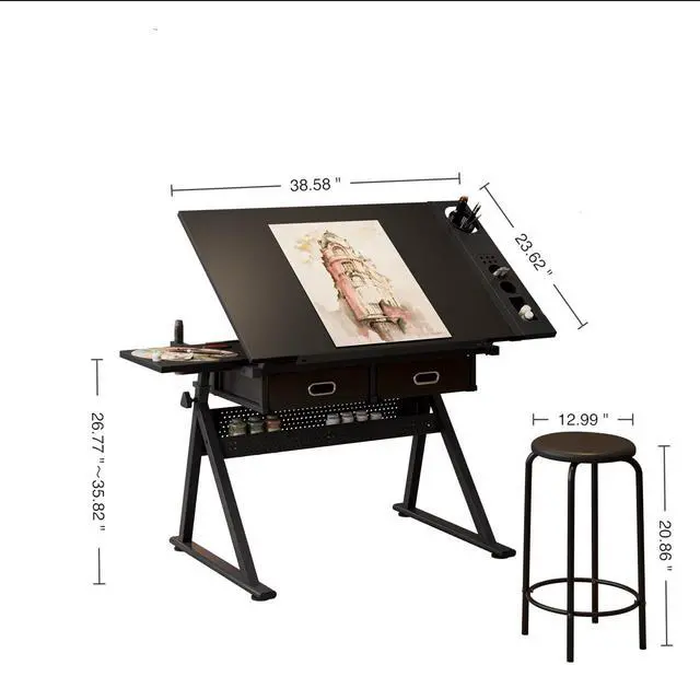 Alt view image 2 of 7 - Height Adjustable Drafting Table with Stool, Drawing Art Desk with 2 Drawers, Artist Table with 75° Tilted Tabletop, Diamond Painting Work Station for Home Office School Reading, Crafting, Black
