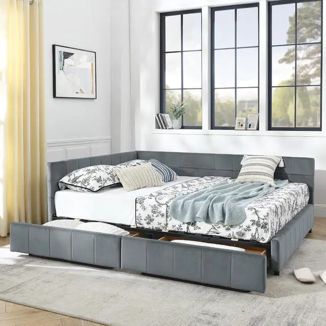 Alt view image 5 of 7 - Velvet Queen Size Daybed with Storage Drawers, Tufted Day Bed Frame, L-Shape Queen Daybed with Comfortable Backrest and Armrests, Upholstered Corner Sofa Bed for Bedroom, Living Room, Grey
