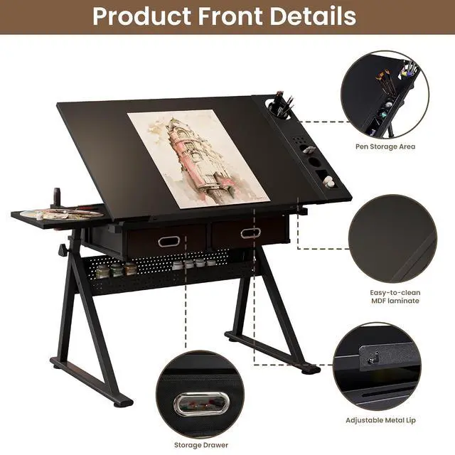 Alt view image 3 of 7 - Height Adjustable Drafting Table with Stool, Drawing Art Desk with 2 Drawers, Artist Table with 75° Tilted Tabletop, Diamond Painting Work Station for Home Office School Reading, Crafting, Black