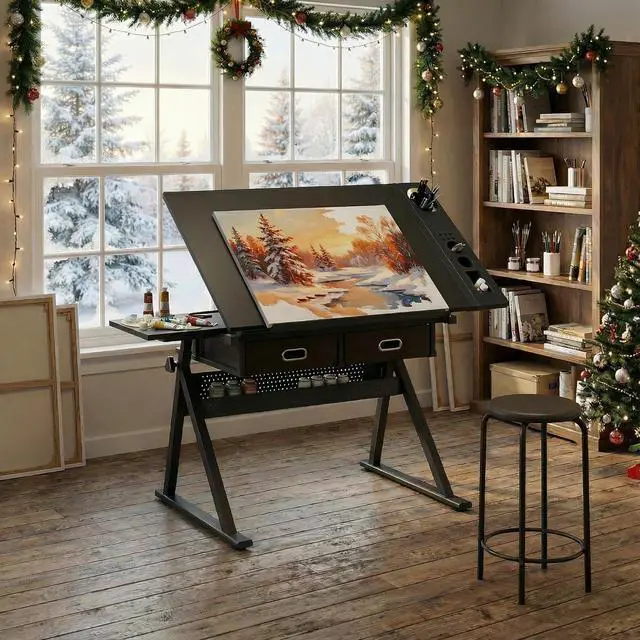 Main image of Height Adjustable Drafting Table with Stool, Drawing Art Desk with 2 Drawers, Artist Table with 75° Tilted Tabletop, Diamond Painting Work Station for Home Office School Reading, Crafting, Black