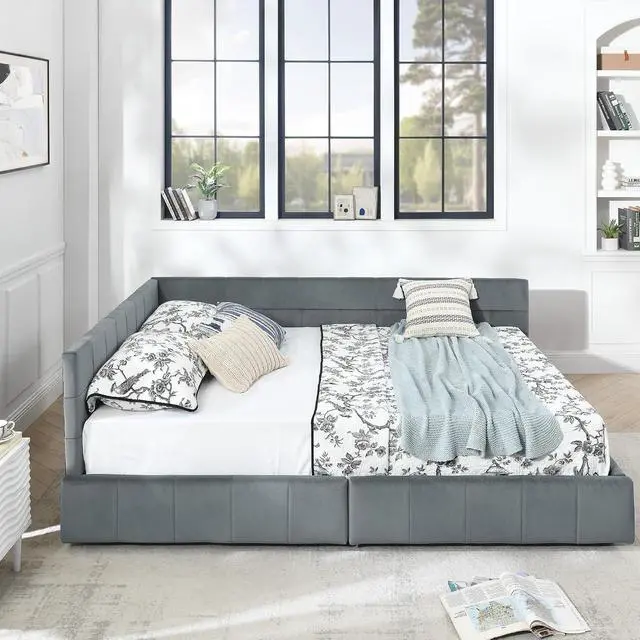 Alt view image 7 of 7 - Velvet Queen Size Daybed with Storage Drawers, Tufted Day Bed Frame, L-Shape Queen Daybed with Comfortable Backrest and Armrests, Upholstered Corner Sofa Bed for Bedroom, Living Room, Grey