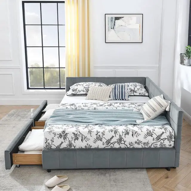 Alt view image 6 of 7 - Velvet Queen Size Daybed with Storage Drawers, Tufted Day Bed Frame, L-Shape Queen Daybed with Comfortable Backrest and Armrests, Upholstered Corner Sofa Bed for Bedroom, Living Room, Grey