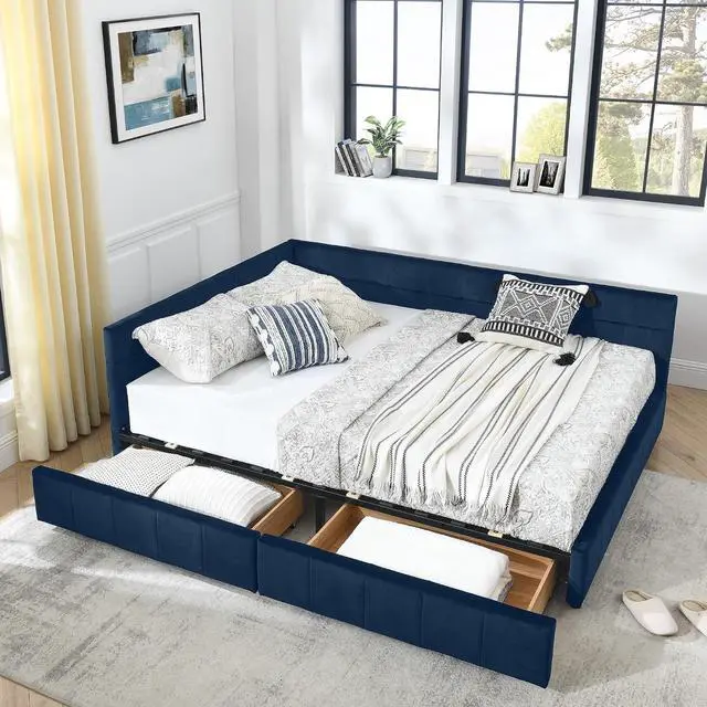Main image of Velvet Queen Size Daybed with Storage Drawers, Tufted Day Bed Frame, L-Shape Queen Daybed with Comfortable Backrest and Armrests, Upholstered Corner Sofa Bed for Bedroom, Living Room, Dark Blue