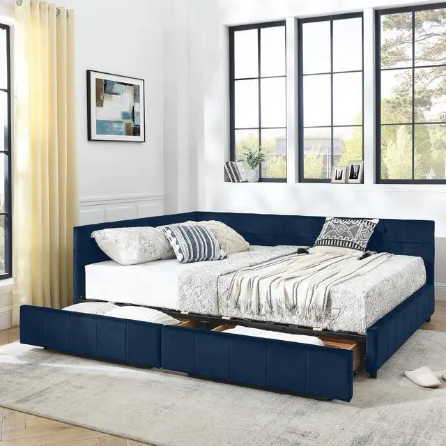 Alt view image 3 of 7 - Velvet Queen Size Daybed with Storage Drawers, Tufted Day Bed Frame, L-Shape Queen Daybed with Comfortable Backrest and Armrests, Upholstered Corner Sofa Bed for Bedroom, Living Room, Dark Blue