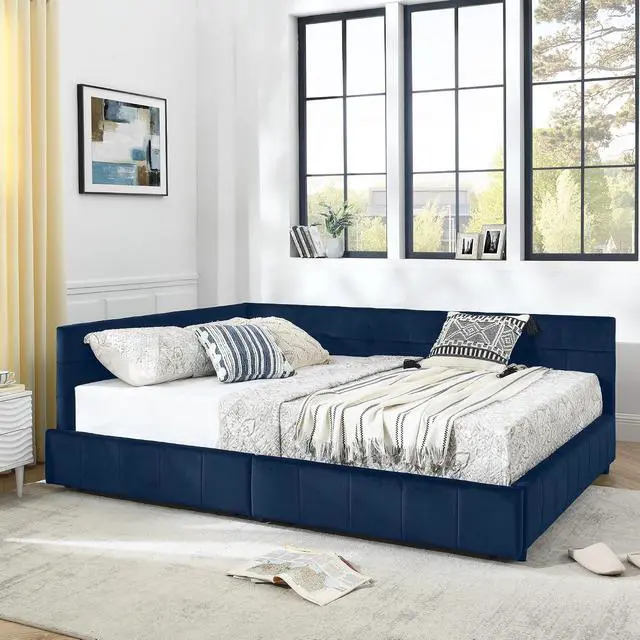 Alt view image 4 of 7 - Velvet Queen Size Daybed with Storage Drawers, Tufted Day Bed Frame, L-Shape Queen Daybed with Comfortable Backrest and Armrests, Upholstered Corner Sofa Bed for Bedroom, Living Room, Dark Blue