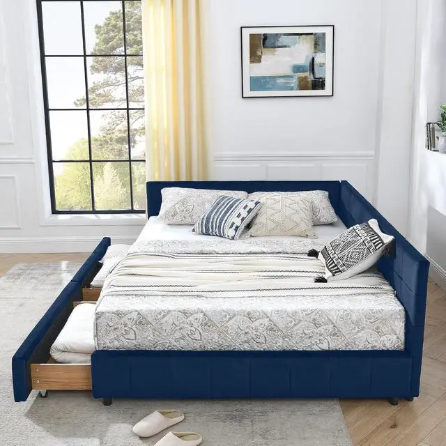 Alt view image 5 of 7 - Velvet Queen Size Daybed with Storage Drawers, Tufted Day Bed Frame, L-Shape Queen Daybed with Comfortable Backrest and Armrests, Upholstered Corner Sofa Bed for Bedroom, Living Room, Dark Blue