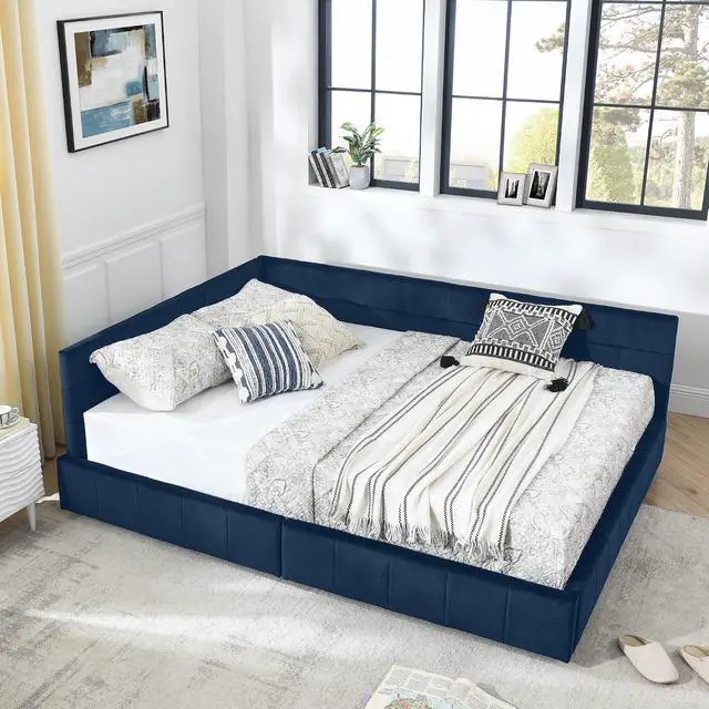 Alt view image 7 of 7 - Velvet Queen Size Daybed with Storage Drawers, Tufted Day Bed Frame, L-Shape Queen Daybed with Comfortable Backrest and Armrests, Upholstered Corner Sofa Bed for Bedroom, Living Room, Dark Blue