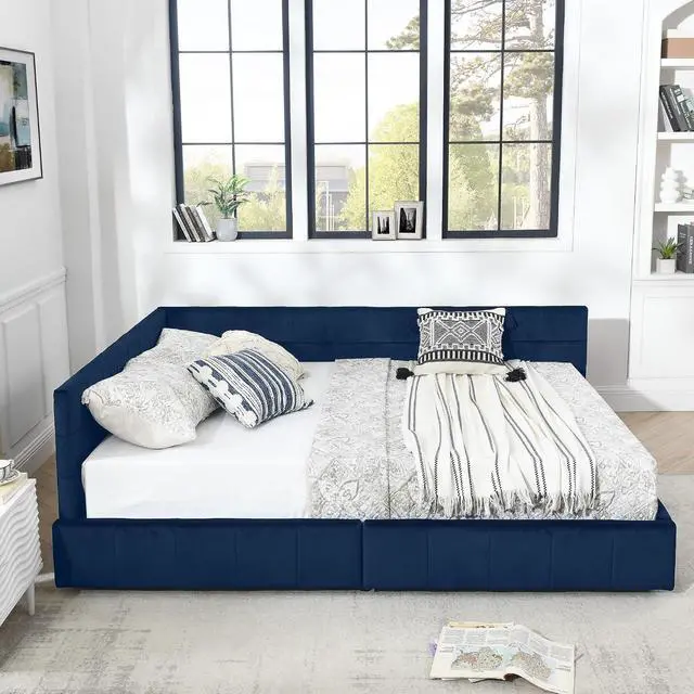 Alt view image 6 of 7 - Velvet Queen Size Daybed with Storage Drawers, Tufted Day Bed Frame, L-Shape Queen Daybed with Comfortable Backrest and Armrests, Upholstered Corner Sofa Bed for Bedroom, Living Room, Dark Blue