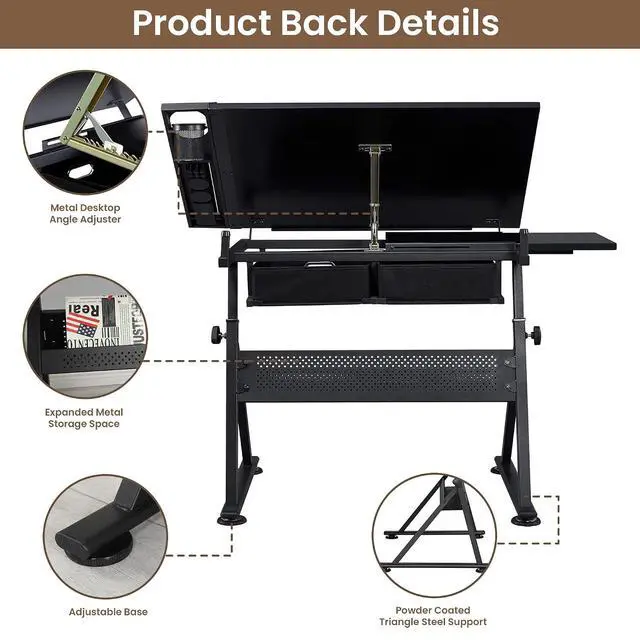 Alt view image 4 of 7 - Height Adjustable Drafting Table with Stool, Drawing Art Desk with 2 Drawers, Artist Table with 75° Tilted Tabletop, Diamond Painting Work Station for Home Office School Reading, Crafting, Black