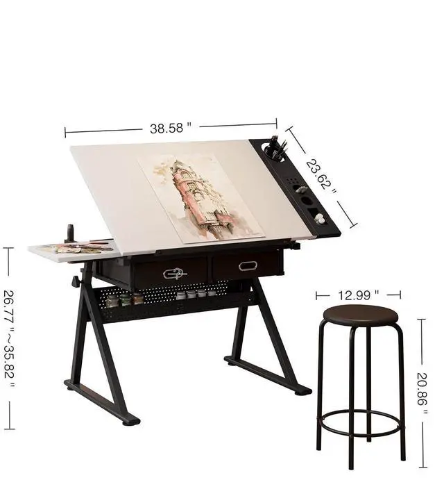 Alt view image 2 of 7 - Height Adjustable Drafting Table with Stool, Drawing Art Desk with 2 Drawers, Artist Table with 75° Tilted Tabletop, Sketching Painting Crafting Artwork Station for Home Office School, Black+White